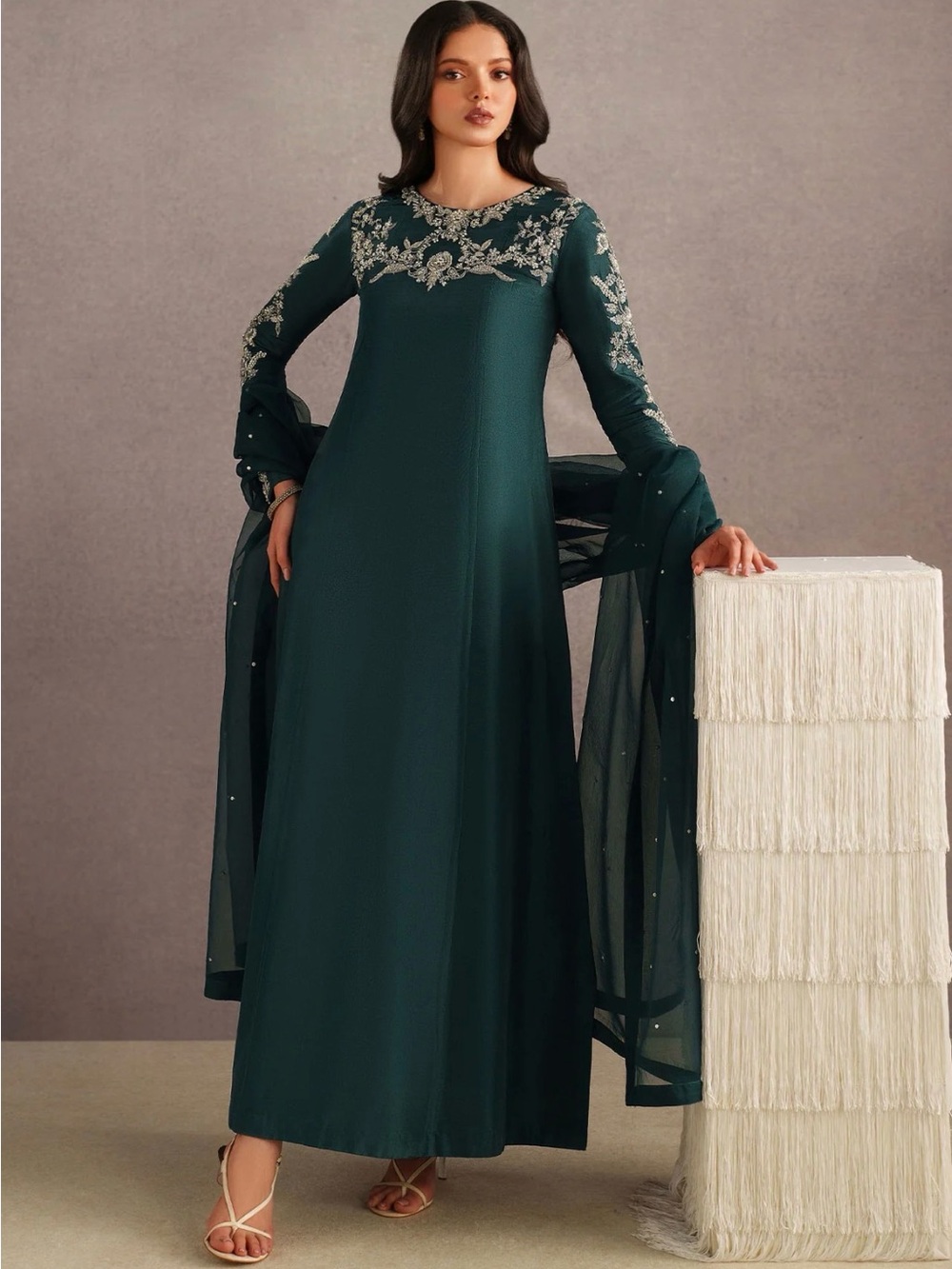 Embroidered Dark Teal Long Sleeve Maxi Dress with Sheer Dupatta